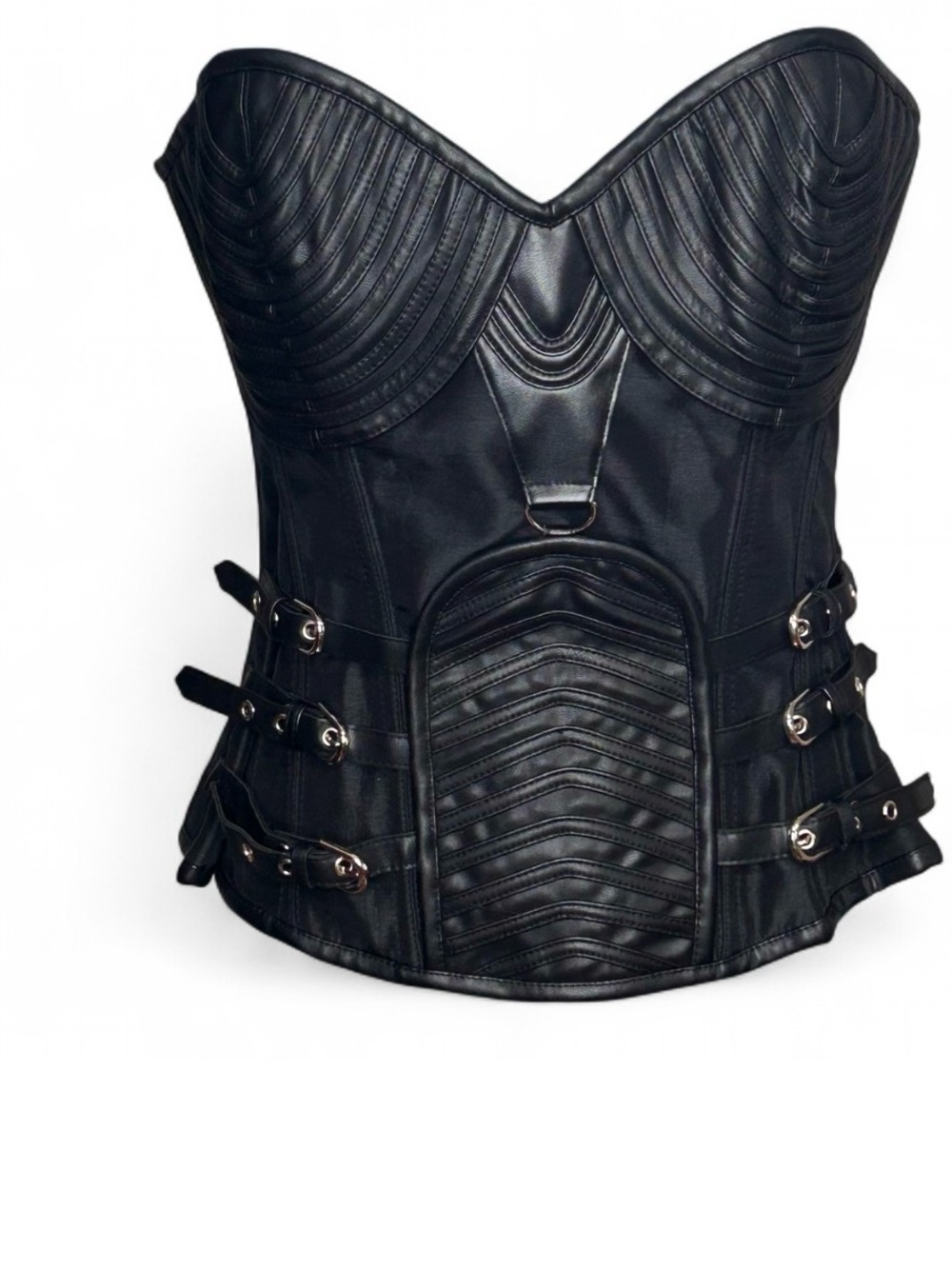 CHARMIAN Women's Black Faux Leather Buckle Corset Vest XL,W/Straps Zipper Wires